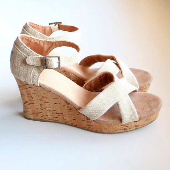 Toms Beige Canvas Ankle Strap Cork Platform Wedge Heel Sandals / Summer Shoes - Picture 2 of 16